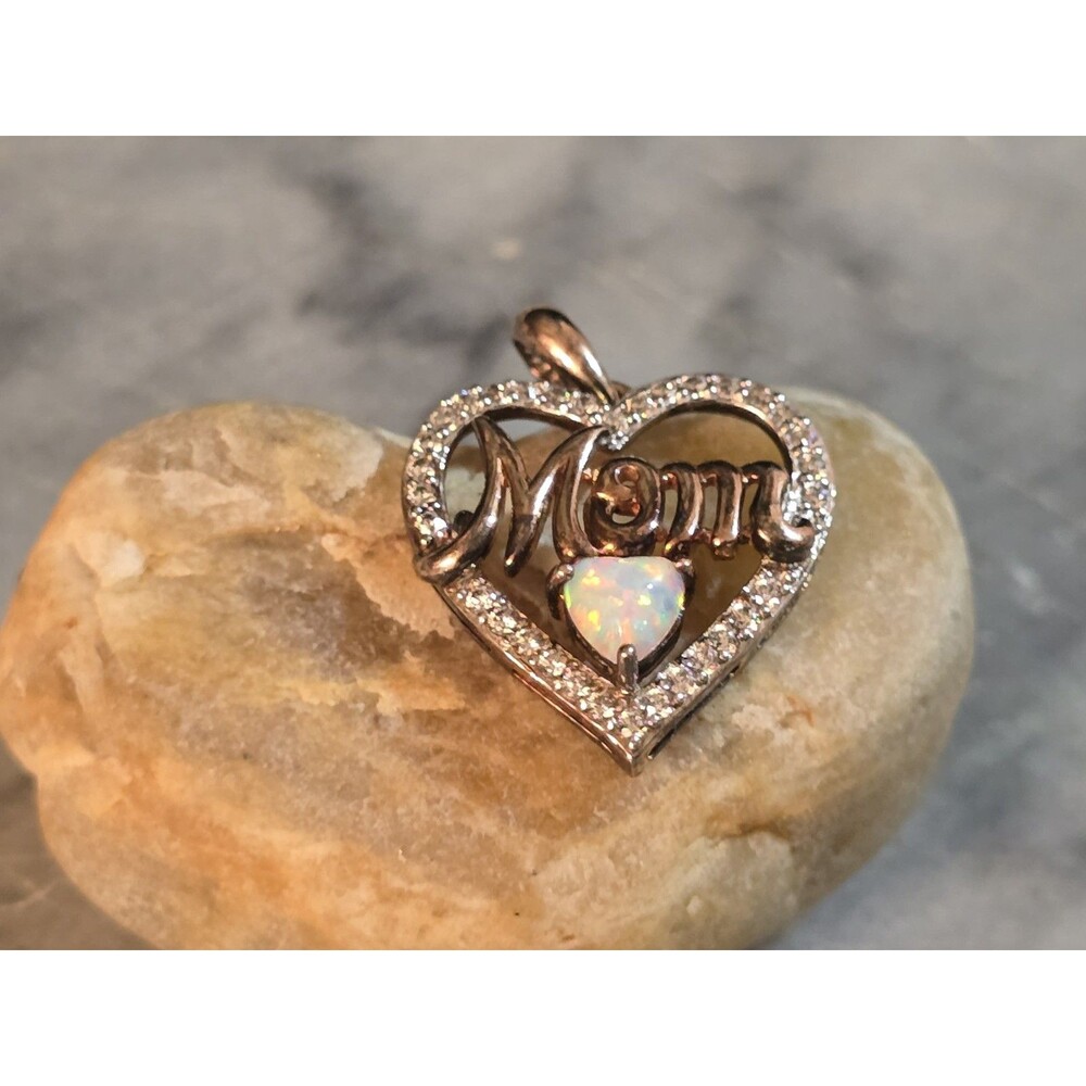 Sterling Silver Mother's Day Heart Pendant Lab White Opal Cubic Zirconia 925